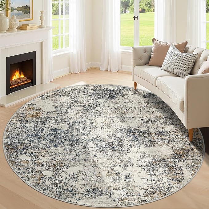 8ft Washable Round Rug - 8x8 Area Rugs Modern Abstract Rugs for Living Room Non-Slip Low Pile Soft Machine Washable Carpet for Bedroom, Living Room, Dining Room, Nursery, Farmhouse (8'x8' Tan Blue)