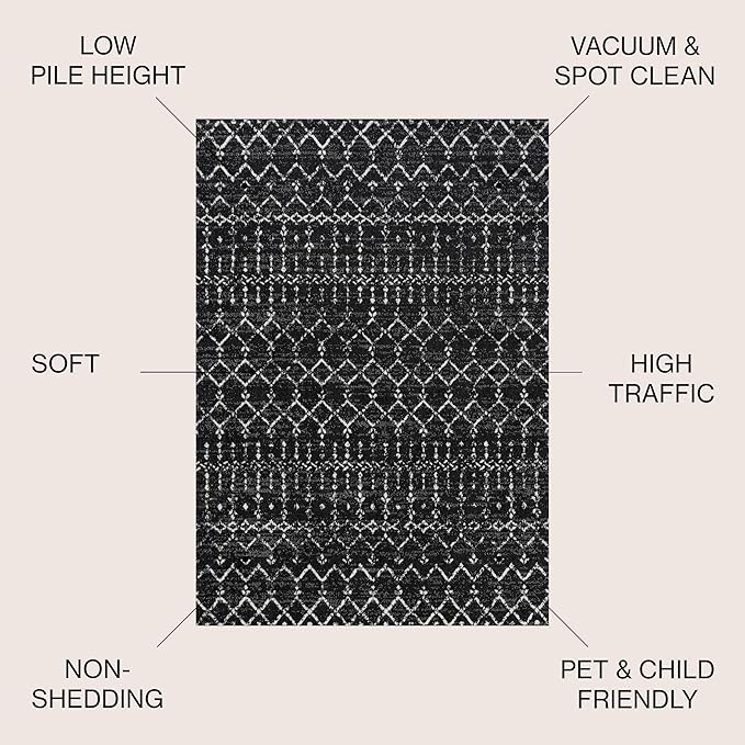 JONATHAN Y Boho Vintage Diamond Black/Ivory Round Area Rug 6 ft, Moroccan Hype for Living Room, Bedroom, Kitchen, Office, Easy-Cleaning, High Traffic, Pet-Friendly, Non-Shedding (MOH101D-6R)