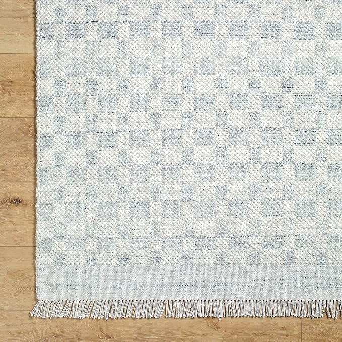 Mark&Day Wool Rugs, 2x8 Clinten Solid and Border Light Slate Runner Checkered Rug, Cream Grey Carpet for Hallway, Kitchen, Bedroom or Living Room (2'6" x 8' Runner)