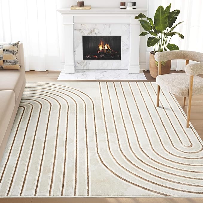 Abani Glam Collection Area Rug - Beige/Cream Modern Abstract Design - 5' x 7' - for Living Room, Bedroom & Office