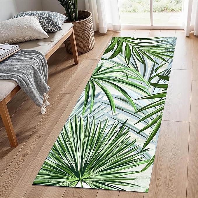 Hall Runner Rug 2.6x10 ft Non-Slip - Tropical Palm Leaves Design in Emerald Green - Easy Clean Washable Carpet for Hallway, Entryway, Bedroom - Durable Floor Decor