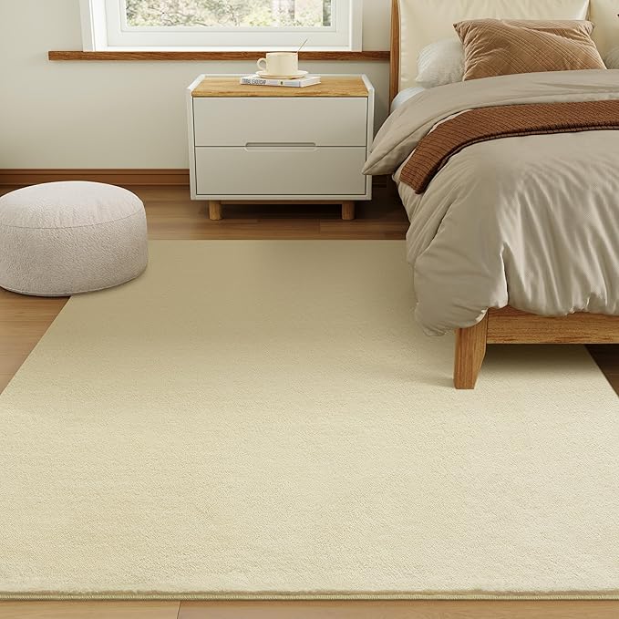 Solid Washable Area Rug - 10x14 Medium Pile Faux Cashmere Carpet for Living Room Bedroom, Light Yellow