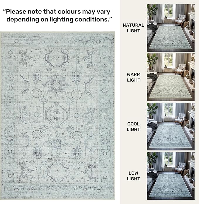 GLN Rugs Traditional Collection - Machine Washable Area Rug, Traditional Washable, Non Slip, Low Pile Chenille Rug, Living Room, Bedroom, Kitchen Rug (2'6" x 10' Cream/Gray/Sea Salt)