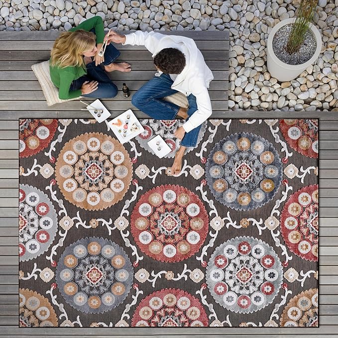 CAMILSON Indoor Outdoor Rug 9x12 Bohemian Medallion Floral Area Rugs for Indoor and Outdoor Patios Easy-Cleaning Non-Shedding Living Room Garden and Kitchen Washable Outside Carpet (9 x 12 / Brown)