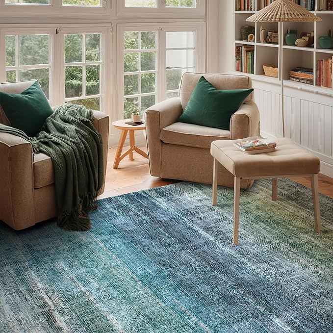 Kokia Abstract Area Rugs 8x10 Bedroom Soft Living Room Rugs Washable Distressed Vintage Comfy Blue Carpet with Non-Slip Backing for Farmhouse Home Office Room Decor, Oslo Teal