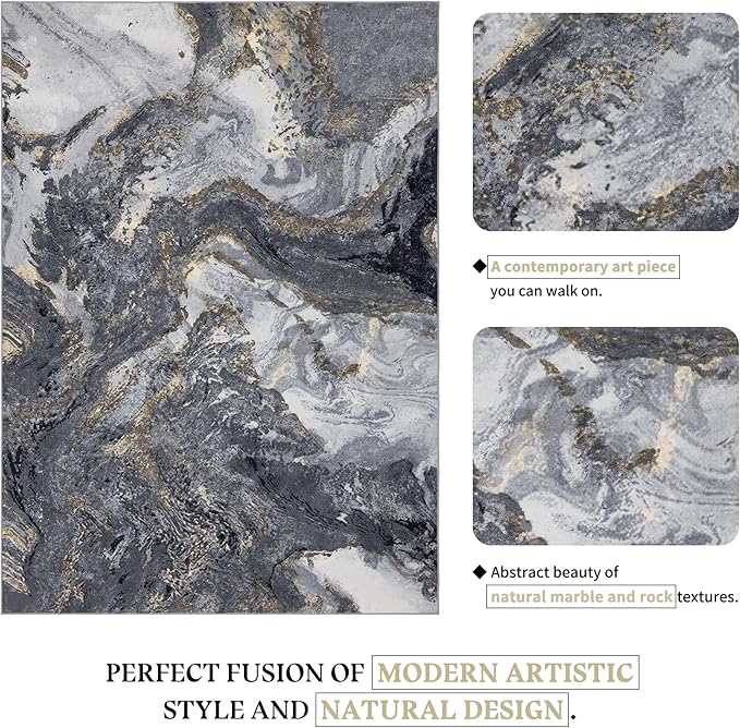 Abstract 6x9 Area Rugs: Modern Washable Rug for Living Room Bedroom Dining Room Indoor - Thin Low Pile Non-Slip Large Carpet - Black Gold