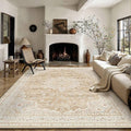 HUGEAR Machine Washable Area Rugs 9x12 Vintage Beige Brown Living Room Bedroom Rug Neutral Style Non Slip Stain Resistant Low Pile Throw Carpet for Home Retro Aesthetic Modern Decor