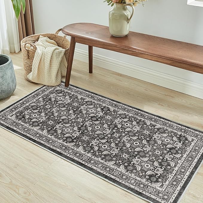 WITSHOCK Washable 2x4 Entryway Area Rug: Soft Non-Slip Backing Washable Rugs Vintage Flower Boho Accent Small Rugs for Bedroom, Kitchen, Bathroom, Nursery Entrance,Black