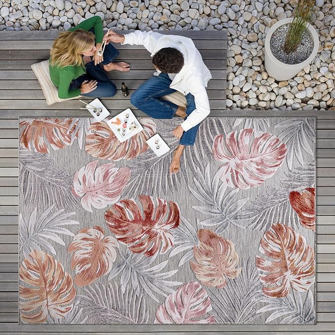 CAMILSON Indoor Outdoor Rug, Multi 7’10”x10’ Leaf Tropical Botanical Area Rugs for Indoor and Outdoor patios, Easy-Cleaning Non-Shedding Living Room, Garden and Kitchen Washable Outside Carpet (8x10)