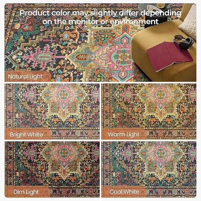 Kokia 9x12 Washable Black and Pink Area Rugs with Vintage Orient Design, Soft Rug for Living Room or Bedroom, Non-Slip Low Pile Stain Resistance Features, Distressed Medallion Pattern