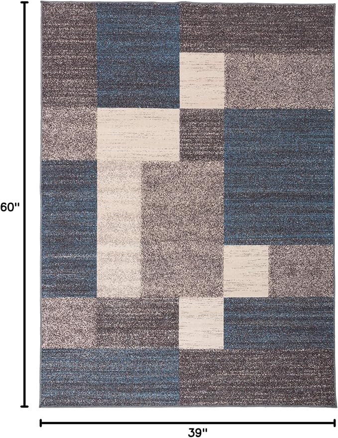 Rugshop Contemporary Blue Geometric Boxes Non-Slip Area Rug Non-Shedding for Living Room, Dining Room and Office, 3'3" x 5'