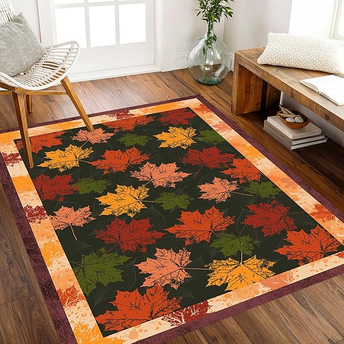 Fall Themed Area Carpet, 6x8ft, Autumn Fallen Leaves Print Pattern Retro Rustic Style Dark Stain Resistant Throw Rug, Low-Profile Non Slip Breathable Floor Mat for Dining Room Laundry