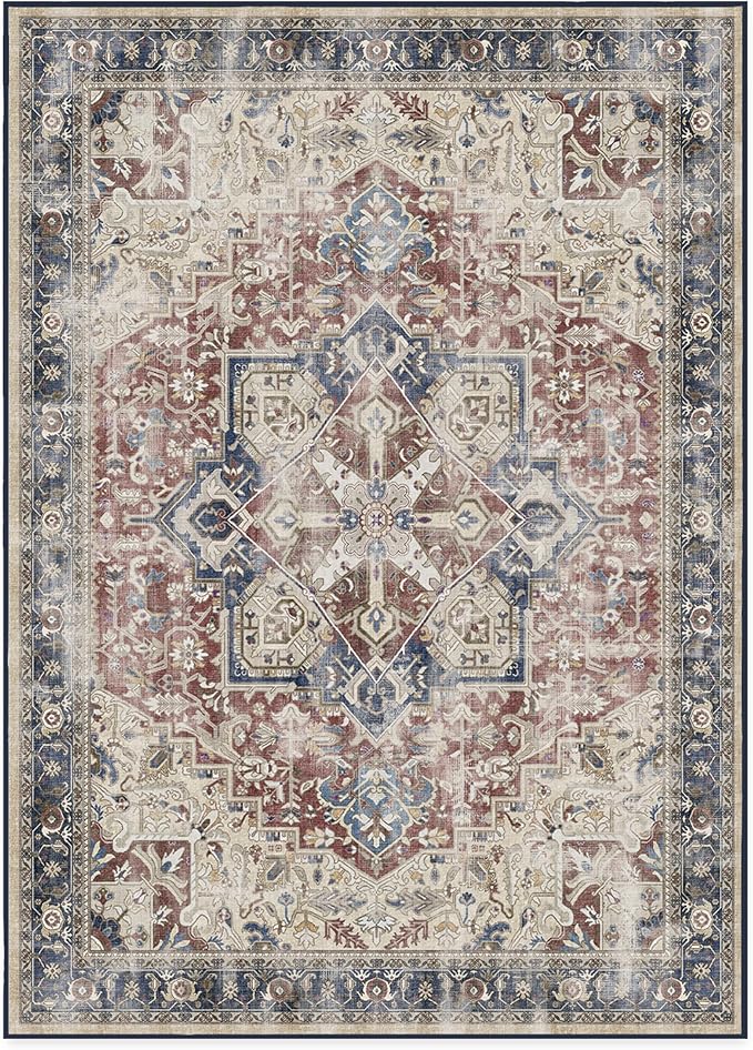 RUGGABLE Washable Area Rug – Kamran Royal Blue 10x14, Stain-Resistant, Non-Slip – Large Machine Washable Rugs for Living Room, Bedroom, Hallway, Entryway & Office–with Standard Pad