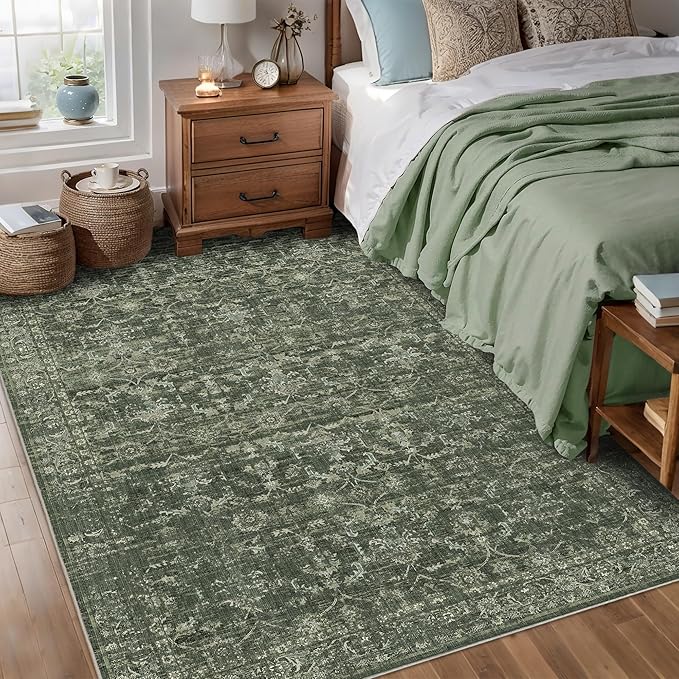 Washable Area Rug 5x7 Green Rugs for Living Room, Vintage Boho Large Rug for Bedroom Dining Room Office, Distressed Floral Print Carpet for Under Table, Soft Non Slip Low Pile Throw Carpet Indoor Mat