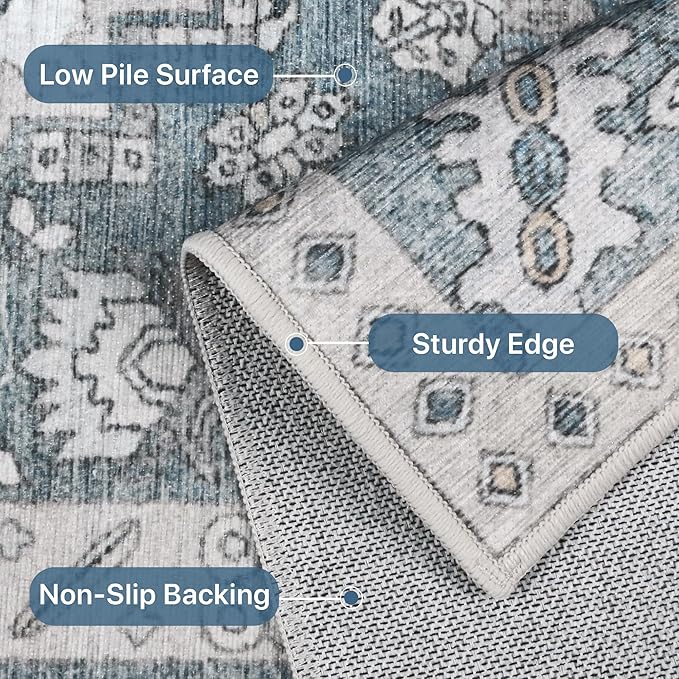 8x10 Area Rug Machine Washable Boho Rug for Living Room,Ultra-Thin Low Pile Carpet,Lightweight Indoor Printed Rug,Non Slip Floral Area Rug for Bedroom, Dining Room, Home Office,Light Blue