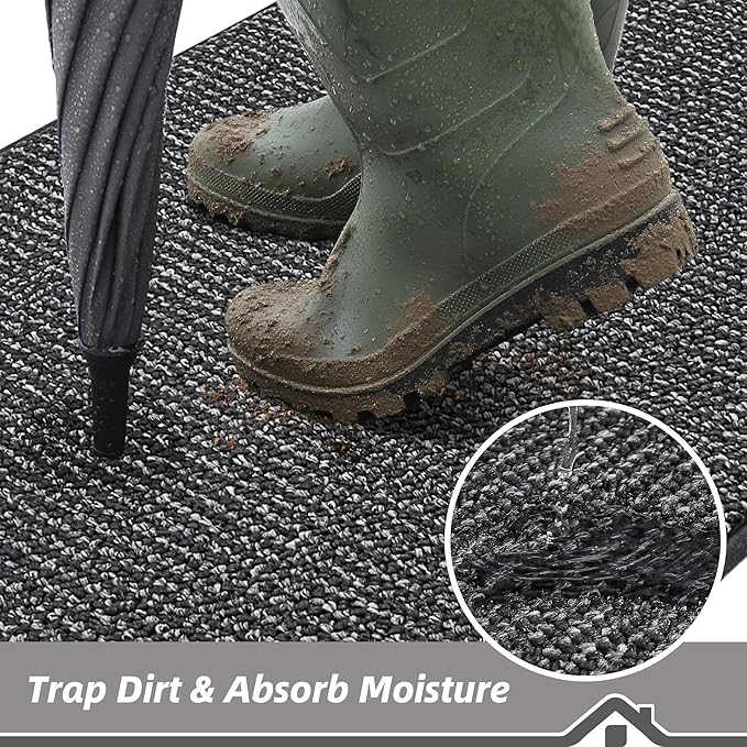 BEQHAUSE Dirt Trapper Door Mat 17" x 30", Non-Slip Doormats (Rolled-Up NO Creases) Washable Entryway Rug, Dirt Resist and Absorbent Welcome Mat, Low Profile Floor Mats for Front Back Door, Charcoal