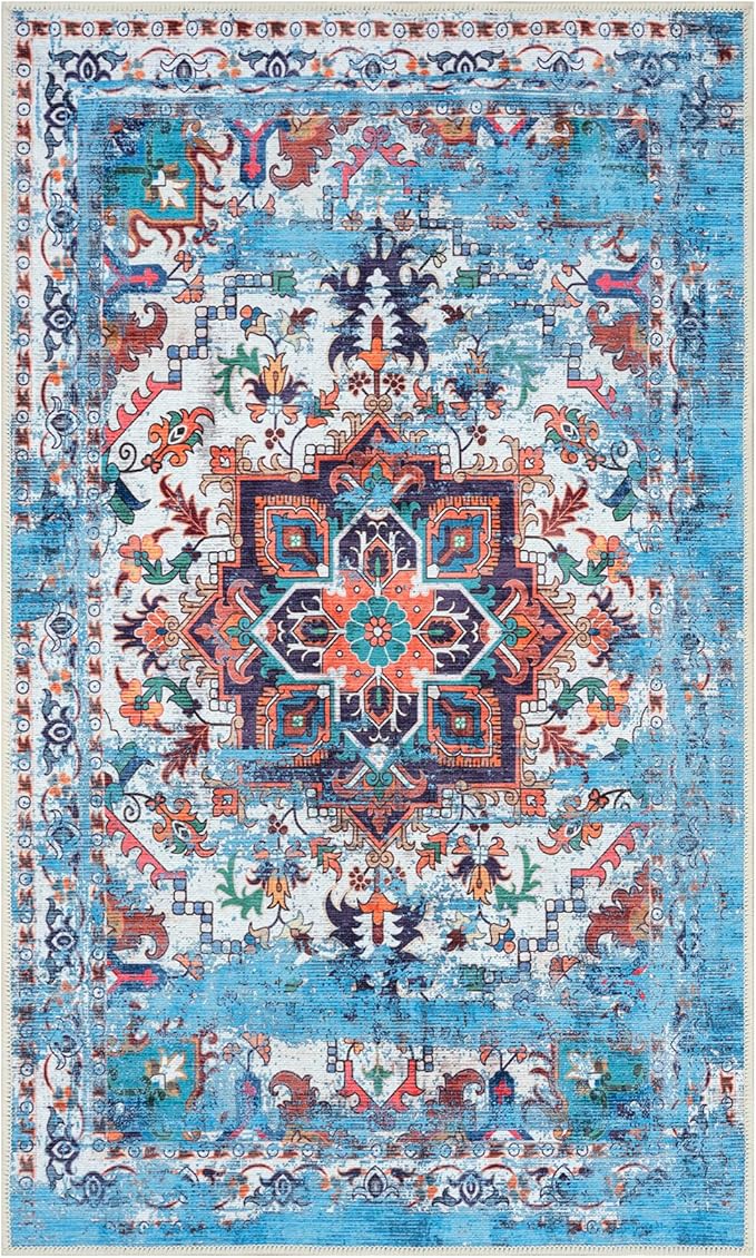 GLN Rugs Traditional Collection - Machine Washable Area Rug, Traditional Washable, Non Slip, Low Pile Chenille Rug, Living Room, Bedroom, Kitchen Rug (2' x 3' Blue/Multicolor)