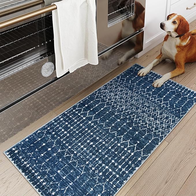 Lahome Moroccan Runner Rugs for Hallway 2x4 Bathroom Rugs Non-Slip Small Throw Kitchen Carpet Low-Pile Mat for Entryway Laundry Room Mat Geometric Indoor Carpert for Entrance Bath (Blue,2'x4')