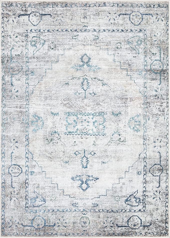 Bloom Rugs Washable Non-Slip 4' x 6' Rug - Teal/Beige Traditional Area Rug for Living Room, Bedroom, Dining Room, and Kitchen - Exact Size: 4' x 6'