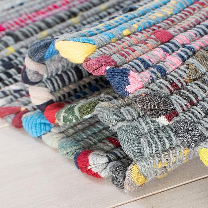 SAFAVIEH Rag Rug Collection Area Rug - 6' x 9', Aqua & Multi, Handmade Boho Stripe Cotton, Ideal for High Traffic Areas in Living Room, Bedroom (RAR121K)