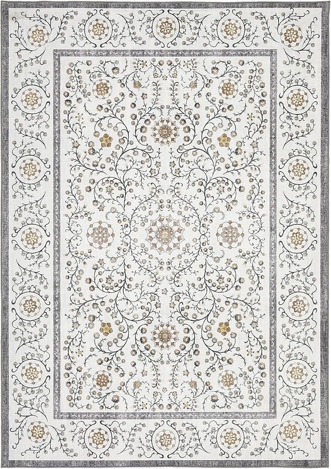 GarveeHome Boho 5x7 Area Rug for Bedroom, Floral Vintage Rugs for Living Room with Soft Low Pile, Non Slip Botanical Washable Rugs 5x7 for Dining Room Grey Carpet for Entryway Dorm Office Playroom