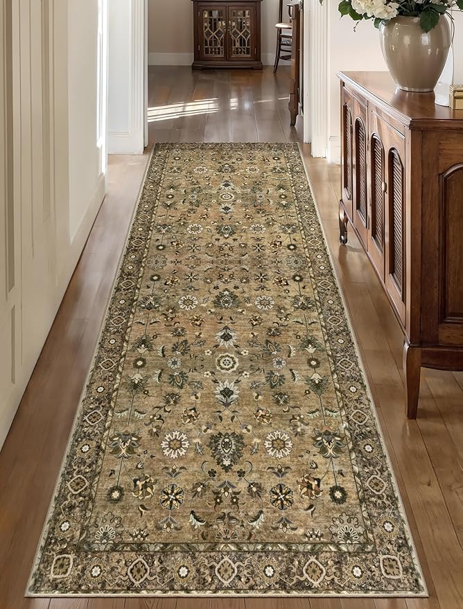 Tangsoo Brown Hallway Runner Rugs 2.6x12 Washable Runner Rug for Hallways, Non Slip Floral Vintage Soft Low Pile 12ft Long Rug Runner, Indoor Carpet Runners for Living Room Kitchen Bedroom Entryway