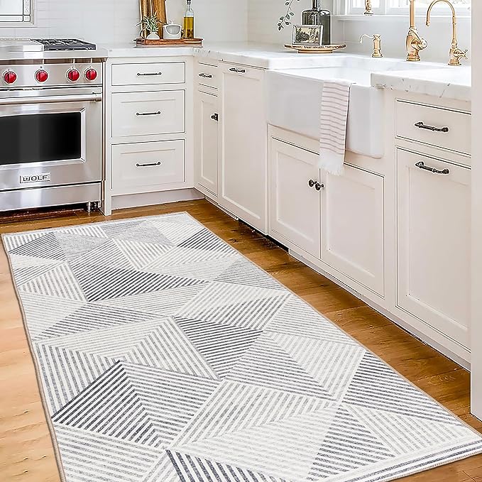 ReaLife Rugs Machine Washable Area Rug Runner - Living Room Bedroom Bathroom Kitchen Entryway Office - Padded Low Pile Stain Resistant Premium - Modern Geometric Contemporary - Miles - Gray 2'6"x10'