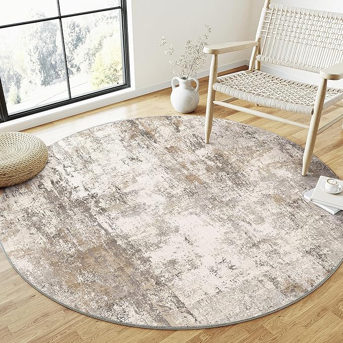 5x5 Washable Round Rug Brown Grey Abstract Living Room Bedroom Area Rug Neutral Modern Non Slip Soft Low Pile Indoor Carpet for Dining Room Office Entryway
