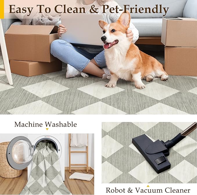 3x8 Runner Checkered Rug for Hallways Grey Washable Long Carpet Non-Slip Low Pile Boho Indoor Accent Throw Rug for Entrance Kitchen Bedroom Dining Laundry