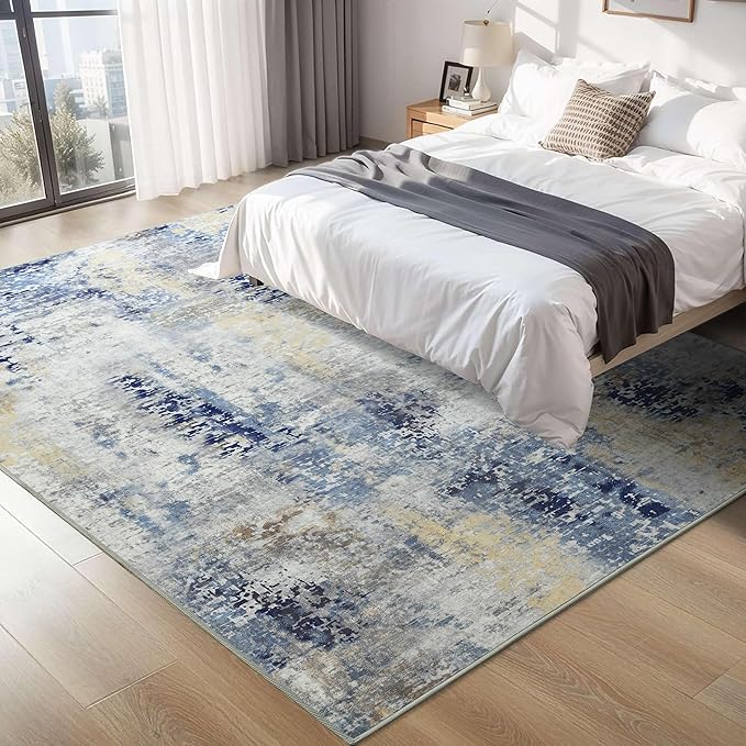 Living Room Rug 7x10 Ultramarine Area Rugs Machine Washable Abstract Boho Large Rug Non-Slip Non-Shedding Faux Wool Indoor Vintage Carpet for Bedroom, Classroom, Dining Room, Kids Playroom