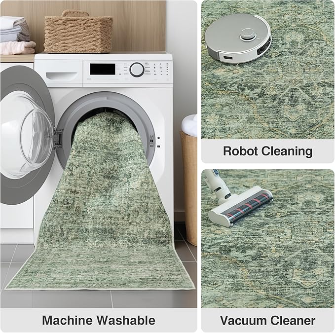 FMFUNCTEX 5x7 Washable Area Rug Green Neutral Vintage Distressed Oriental Non Slip Low Pile Traditional Indoor Carpet for Living Room Bedroom Soft Retro Throw Rug for Dining Office Kitchen Entryway