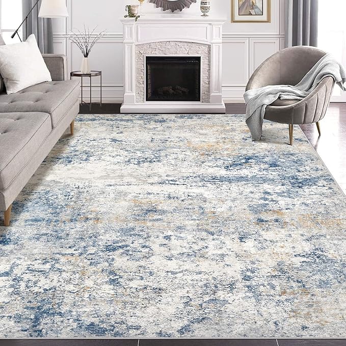 Area Rug Living Room Rugs - 10x13 Abstract Large Soft Indoor Washable Rug Neutral Modern Low Pile Carpet for Bedroom Dining Room Farmhouse Home Office - Blue