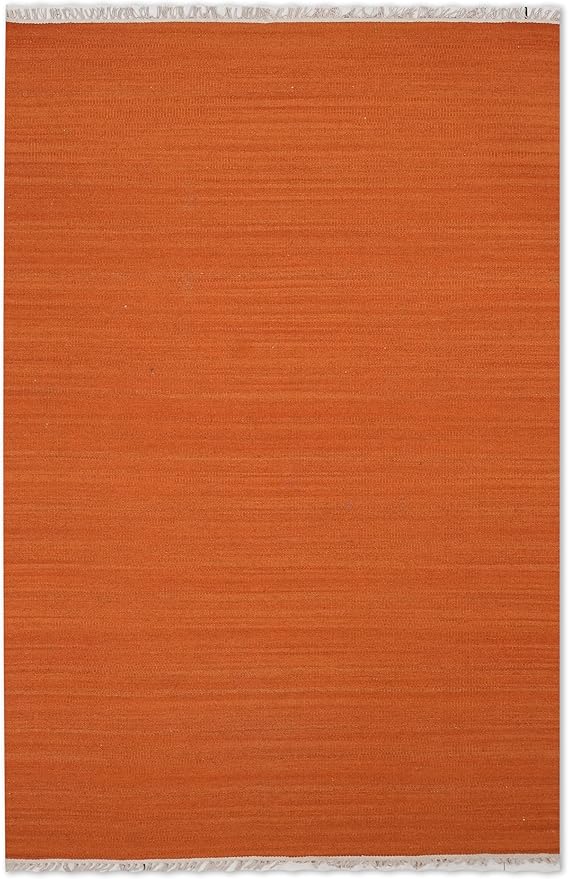 HAND WOVEN FLAT WEAVE KILIM WOOL ECO-FRIENDLY AREA RUGS - 6'x9', Rectangle Shape, Dark Orange Color, Plain Solid Design, Low Pile Handmade Area Rugs for Living Room, Bed Room (D00111)