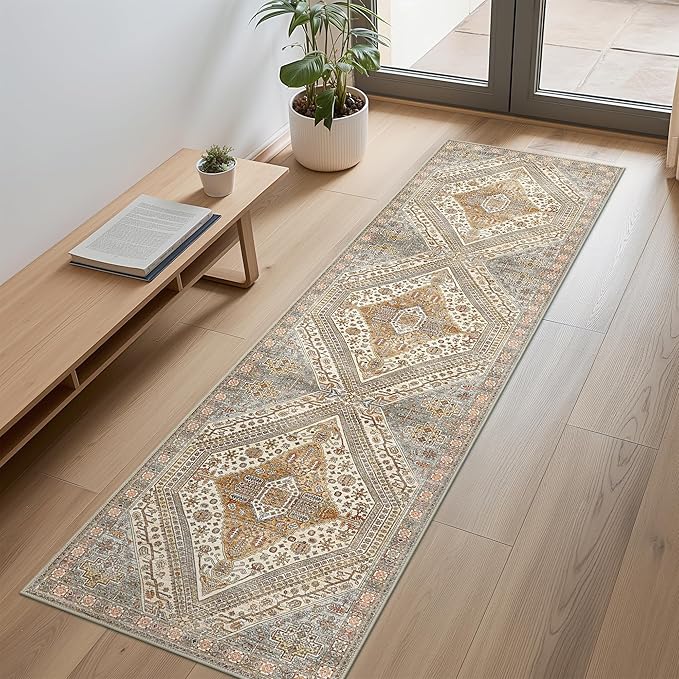 Bavni Kitchen Rug 2x5 Runner Rugs for Hallways Entryway, Washable Vintage Print Carpet, Ultra-Thin Chenille Low Pile Lightweight Rug with Non Slip Backing, Tan/Grey