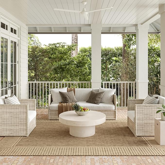 Nuloom Asha Light Brown/Ivory, 8' x 10', Casual, Striped Border, Soft and Cozy, High Traffic, Stain Resistant, Easy Clean, Durable Area Rug for Indoor/Outdoor Patio, Deck, Porch, Garden, Courtyard