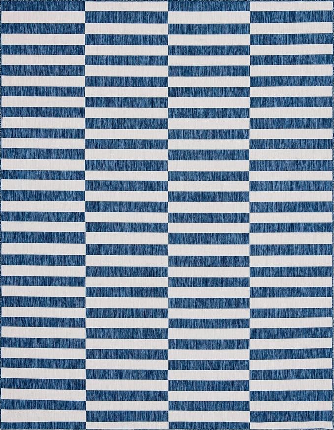 Unique Loom Outdoor Collection Classic Stripes, Transitional Indoor & Outdoor Area Rug, 9' 0 x 12' 0, Navy Blue/Ivory