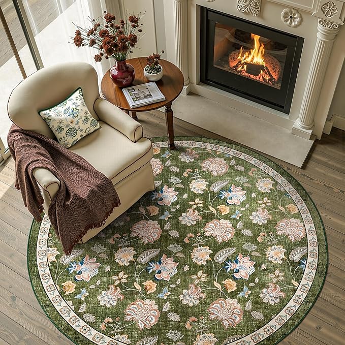 jinchan Elora 5ft Floral Round Rug for Entryway Washable Kitchen Rug Vintage Romance Design Non Slip Indoor Doormat Lightweight Low-Profile Throw Carpet for Living Room Dining Room Bedroom, Green