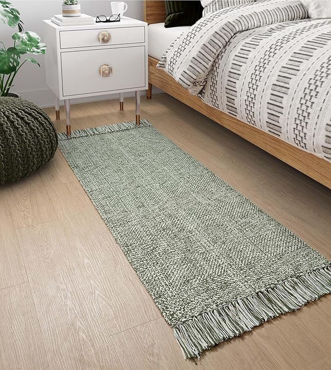 Collive Hallway Runner Rug, 2' x 5' Soft Washable Kitchen Runner Rug, Olive Green/Cream Contemporary Modern Laundry Room Rugs Indoor Hand-Woven Cotton Carpet for Bedroom Entryway Front Door Farmhouse