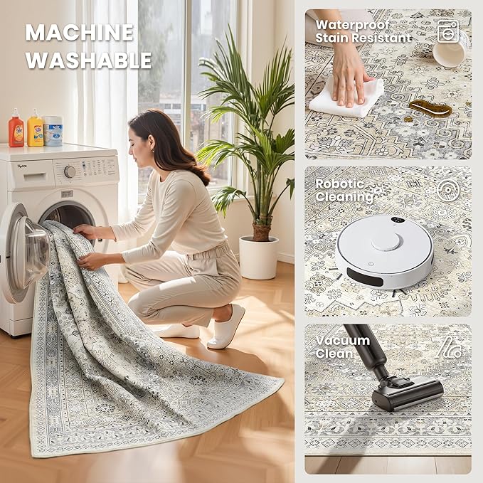 zesthome 5x8 Area Rugs - Ultra-Thin Washble Rug, Stain Resistant Anti Slip Backing Rugs for Living Room,Bedroom, Vintage Home Decor Area Rug (Beige,5'x8')