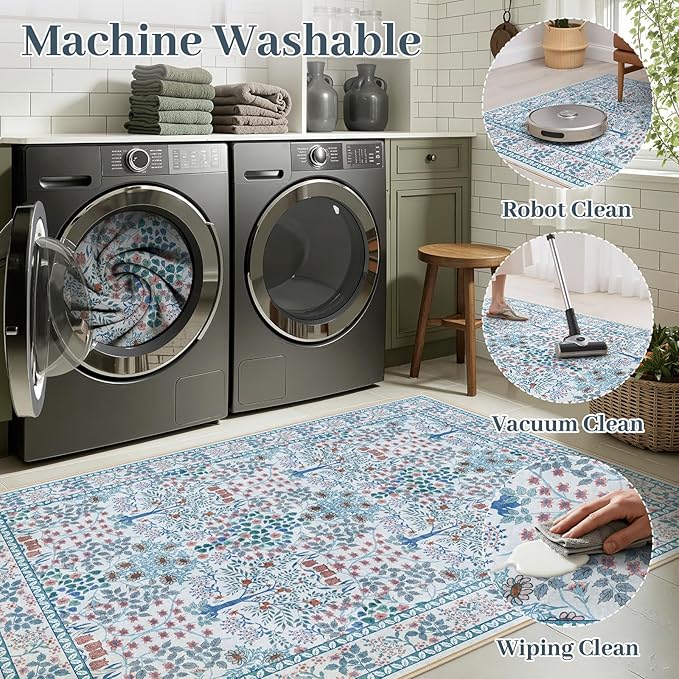 6x9 Area Rugs Living Room Rug - Floral Vintage Morris-Inspired Washable Carpet, Low Pile Non-Shedding Stain Resistance Boho Soft Carpet for Bedroom, Dining Room, Office, Farmhouse (6'x9' Blue/Pink)
