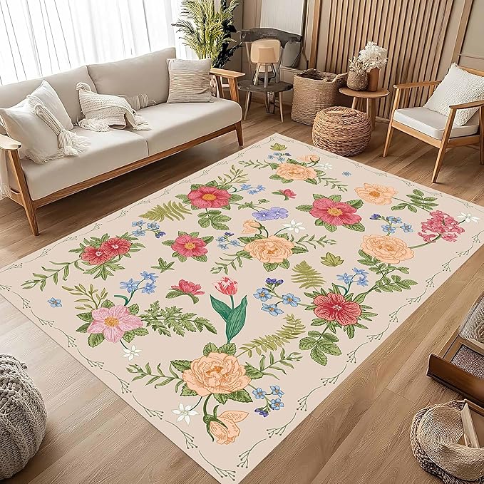 Rustic Flower Area Rug, 3x4ft, Classic Colorful Bohemian Floral Pattern with Beige Large Hall Botanical Rug, Non Slip No Crease Easy Care Girls Room Decor Carpet for Relax Room Bedroom