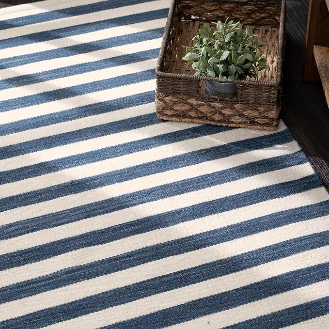 Home Conservatory Ladder Stripe Navy/Ivory Handwoven Wool 8 X 10 Feet, Blue/Ivory Stripe Pattern