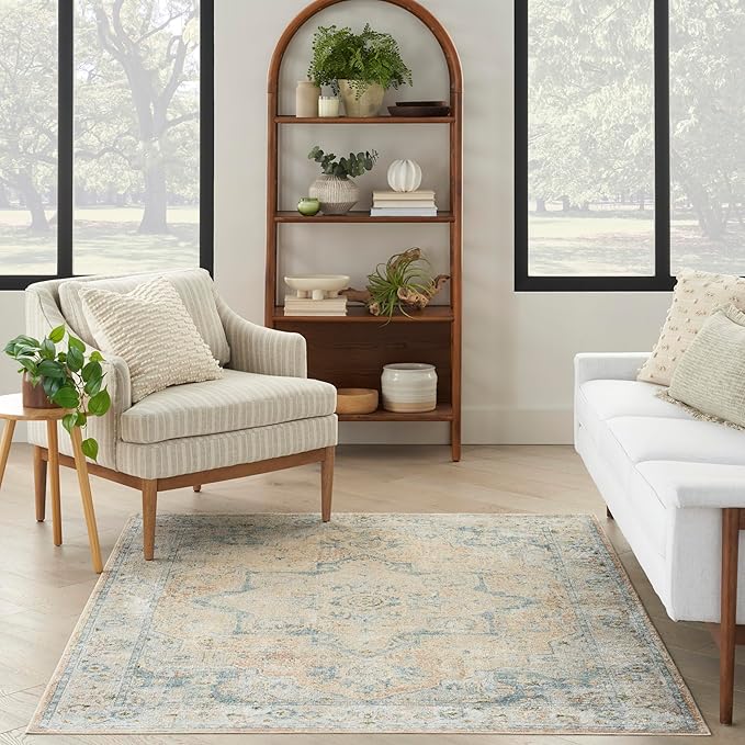 Nourison Home Astra Machine Washable Beige Blue 4' x 6' Area Rug - Easy Clean, Non Shedding, Bed Room, Living Room, Dining Room, Kitchen (4' x 6')
