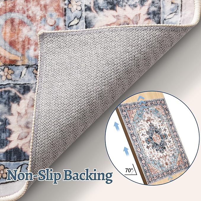 Tangsoo 2.6x10 Hallway Runner Rugs, Washable Runner Rug for Hallway Non Slip Vintage, Soft Low Pile Long Rug Runner, Print Indoor Carpet Runners for Living Room Kitchen Bedroom Entryway Blue/Orange