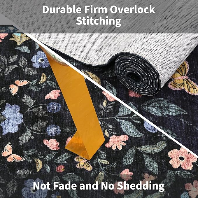GarveeHome 2x3 Floral Rugs for Entryway, Non-Slip Soft Vintage Throw Door Mat, Low Pile Foldable Farmhouse Carpet, Non-Shedding Indoor Washable Small Rug for Bedroom, Dark Grey Blue