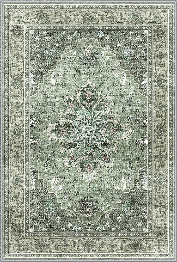 Area Rugs 2'6''x12' Washable Non-Slip, Floral Vintage Distress Print Pattern Medallion Carpet for Living Room Bedroom Dining Room, Dark Green Gray
