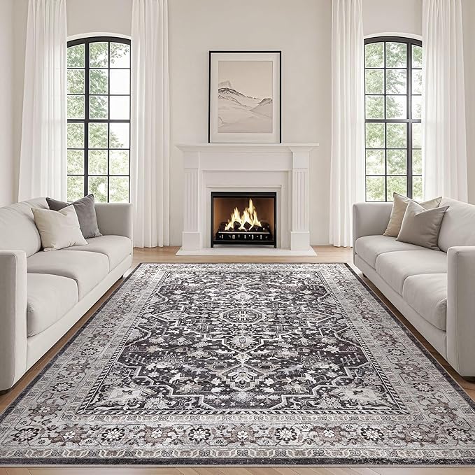 Black Rug Living Room Rugs: 10x12 Washable Boho Large Vintage Moody Soft Distressed Oriental Stain Resistant Non-Slip Indoor Floor Carpet for Bedroom Playroom Office Dining Room Retro Home House