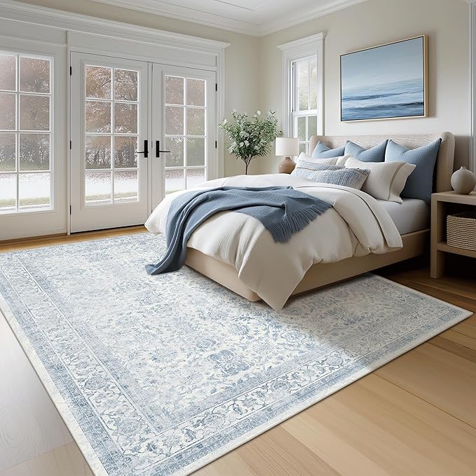 FMFUNCTEX 8x10 Washable Area Rug Blue Vintage Neutral Distressed Large Non Slip Carpet for Living Room Bedroom Soft Low Pile Indoor Mat Retro Floral Throw Rug for Dining Room Kitchen Office Nursery