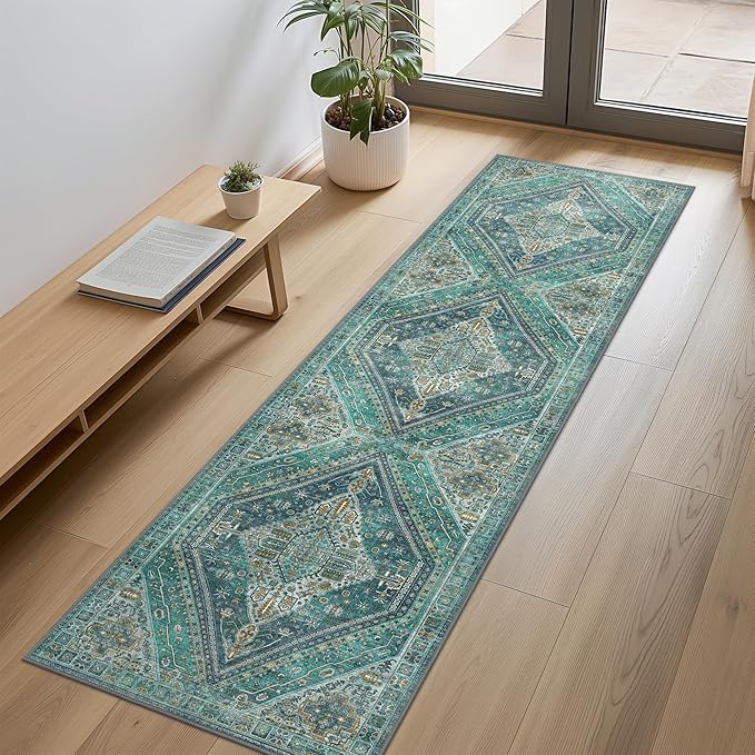 Bavni Kitchen Rug 2x7 Runner Rugs for Hallways Entryway, Washable Vintage Print Carpet, Ultra-Thin Chenille Low Pile Lightweight Rug with Non Slip Backing, Blue/Green