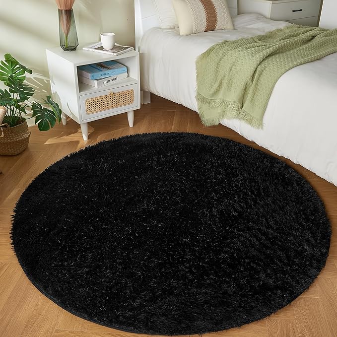 Andency Black Round Area Rug for Bedroom, Soft Shag Circle Rug 4x4 for Room, Fluffy Faux Fur Carpet for Home Decor, Circular Fuzzy Plush Rug for Living Room Playroom